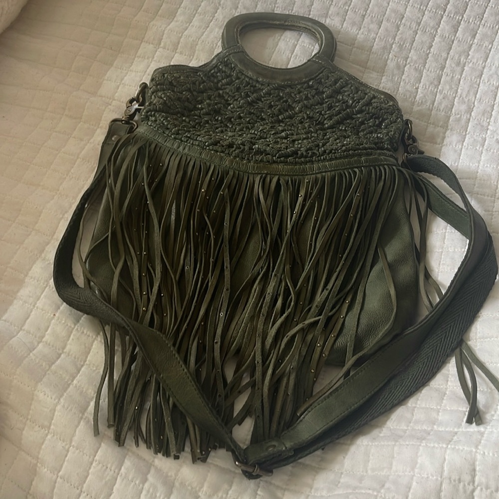 Free People Green Leather Fringe Shoulder/Crossbody Bag